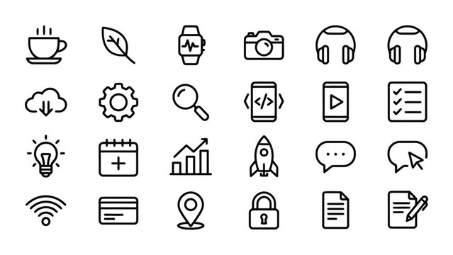 Universal thin line UI icons for professional web and mobile app development featuring connectivity media and productivity tools