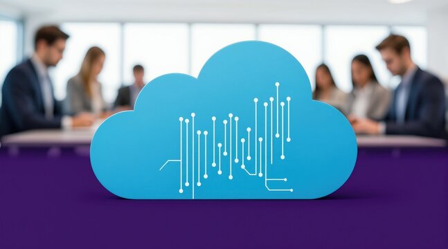Blue cloud icon with digital circuit patterns sits on table before blurred business people. Concept for cloud computing data tech and network solutions.