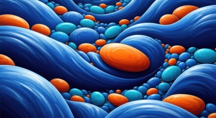 Obraz premium Vibrant Abstract Landscape with Blue Waves and Colorful Pebbles.