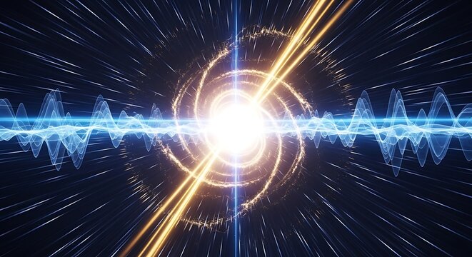 Dynamic digital light energy vortex with blue sound waves and golden spiral effect in abstract space abstract technology frequency particle connection universe