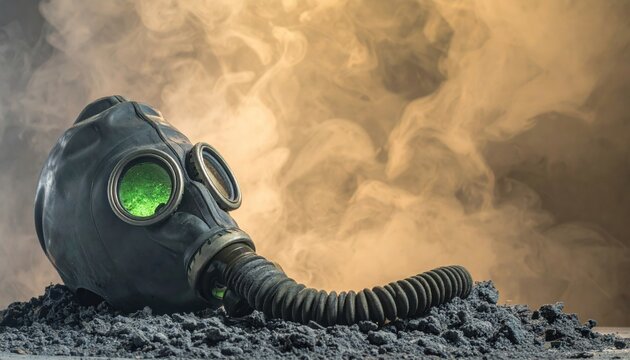 Rugged black rubber gas mask with circular filter resting on pile of industrial charcoal, featuring green glass eyepieces and thick swirling hazy smoke, perfect for post apocalyptic cinematography.