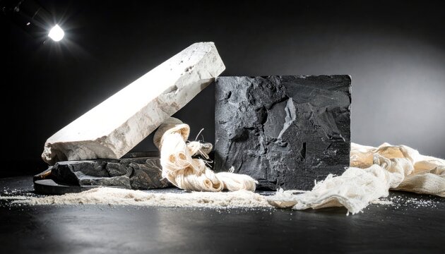 Heavy stone slabs crushing delicate silk bundles, a powerful cinematic conceptual photography composition representing contrast, pressure, strength, texture, and artistic balance in widescreen.
