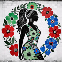 Fototapeta premium Mosaic Juneteenth National Colors. Black Silhouette Of A Woman Surrounded By Abstract Flower Design In National Colors (Juneteenth Celebration)