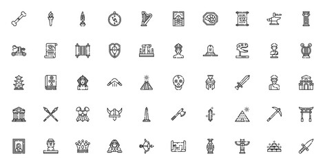 History icon set. Ancient history vector icons pack. Minimal line icons. Includes bone, torch, quill, compass, harp, treasure chest, fossil, papyrus, anvil, pillar, catapult and more. Editable stroke. © wang