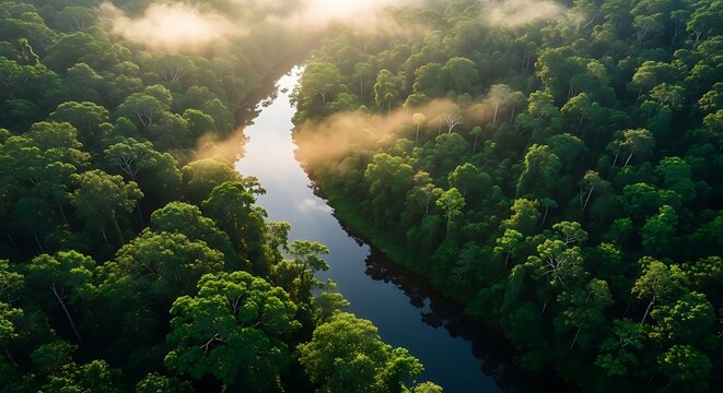 Aerial view of serene river winding through dense green forest with strong glowing morning mist and bright sunlight sun rays tropical landscape sunlight environment