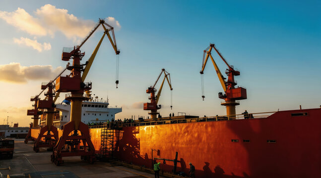 Shipbuilders work on large vessel in dry dock during sunset with cranes visible. Industrial harbor scene shows construction and maritime labor.