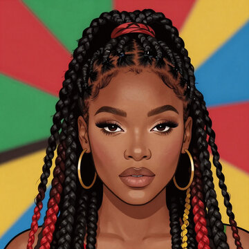 Cartoon Juneteenth Colorful. A Captivating Juneteenth-Themed Painting Featuring A Black Woman'S Head Against Colorful Background, Showcasing Vibrant Hues And Intricate Details