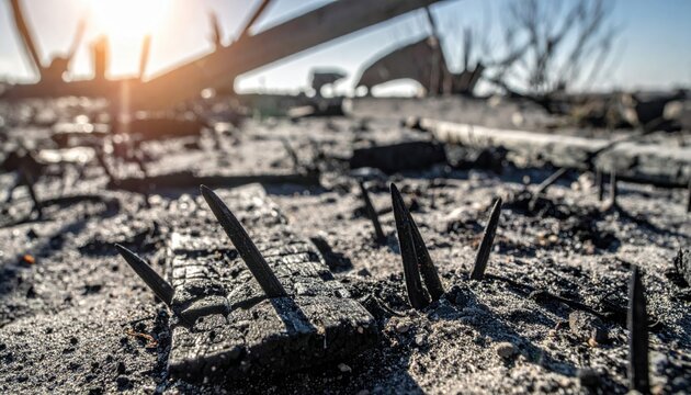 Jagged metal shrapnel fragments and charred wooden debris scattered across a desolate landscape, capturing the stark aftermath of a destructive fire in a cinematic widescreen composition.