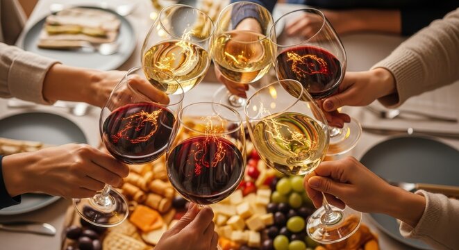 Group of Friends Toasting with Red and White Wine Glasses over a Delic