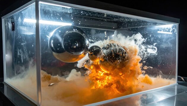 Shiny metallic silver spheres colliding inside a glass tank with glowing amber smoke and sparks. A high speed cinematic capture of kinetic energy, physics experiment, and abstract dynamic impact.