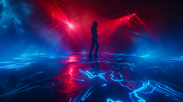 Dynamic dance performance under neon lights event space photography futuristic ambiance low angle creative expression