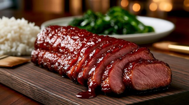 dark wood cutting board, positioned in the lower right third at a 45-degree angle. Whole pork loin sliced in perfect 1cm cuts