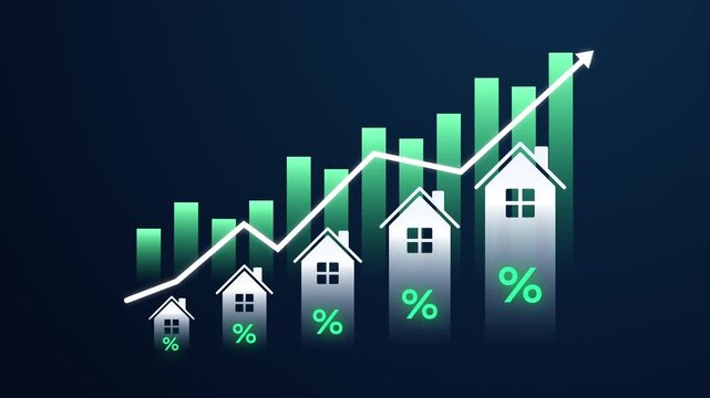 Rising housing market and mortgage interest rates graph showing house percentage and bar chart. Concept of real estate investment growth, property price increase, profit and financial success