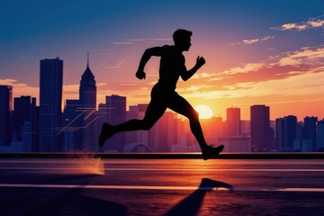 Fototapeta premium Silhouette runner in motion against vibrant city sunset sky. Dynamic speed lines suggest progress and future technology. Man runs forward on road overlooking urban skyline.
