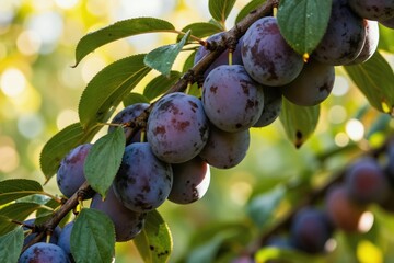 Fototapeta premium Ripe purple plums hang on leafy branch in orchard. Fruits are plump and juicy, ready for harvest. Sunlight filters through green leaves, creating warm glow. Background is softly blurred.