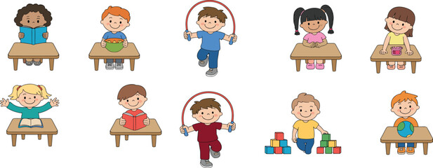 Fototapeta premium Cute children activities set with kids reading playing eating studying and learning in classroom and home,