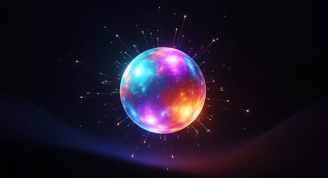 A vibrant, abstract sphere composed of cosmic hues, encircled by luminous particles emanating outwards against a dark, flowing backdrop