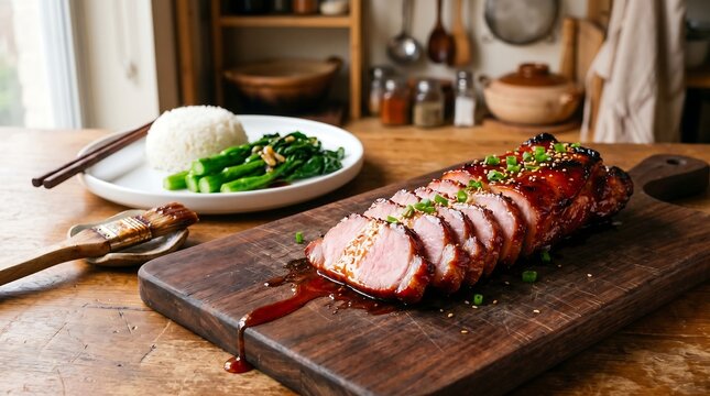 dark wood cutting board, positioned in the lower right third at a 45-degree angle. Whole pork loin sliced in perfect 1cm cuts