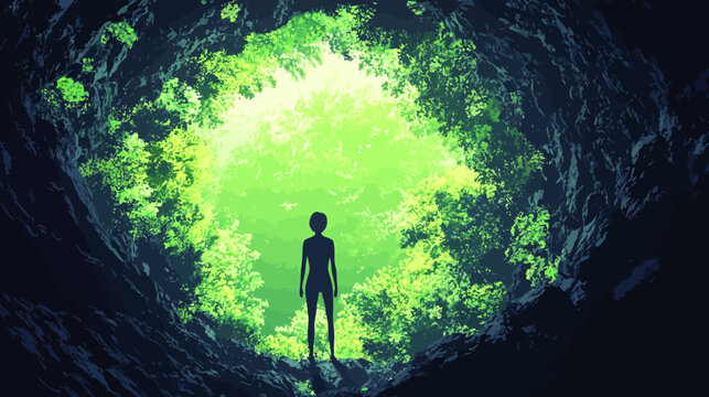 Silhouette of a person standing at forest cave opening with lush greenery