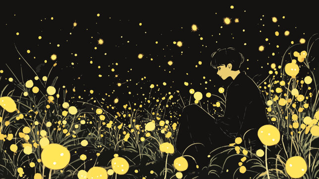 Person sitting among glowing fireflies in a dark field at night