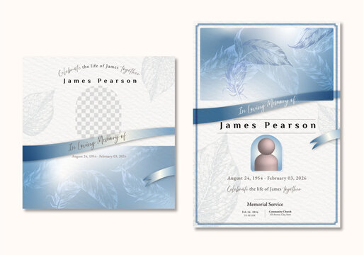Template design set for a funeral memorial service program with hand-drawn illustration of features, flyer, social post, card