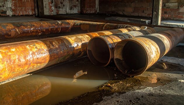 Corroded heavy lead pipes bent into irregular shapes lie on a damp concrete floor within an abandoned industrial facility, capturing the raw textures and decay of neglected structural architecture.