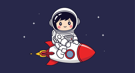 Naklejka premium Astronaut in spacesuit riding a rocket in space cartoon illustration