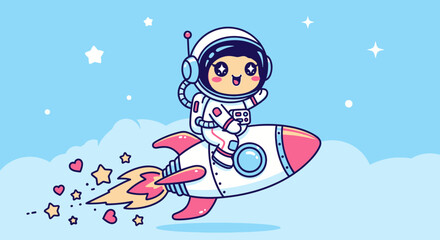 Naklejka premium Astronaut in spacesuit riding rocket against a blue sky with stars