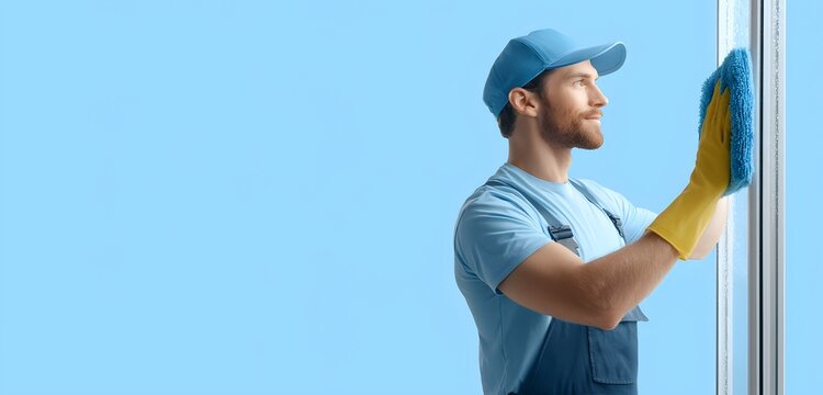 Man in blue uniform cleaning a window with a blue sponge and yellow gloves on a light blue background