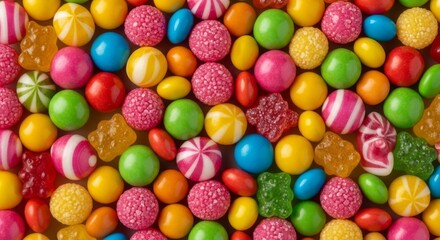 Fototapeta premium Close-up macro shot of colorful assorted hard candies, gummy bears, and sugary sweets arranged in a seamless vibrant geometric pattern, repeat, feast, hard candy