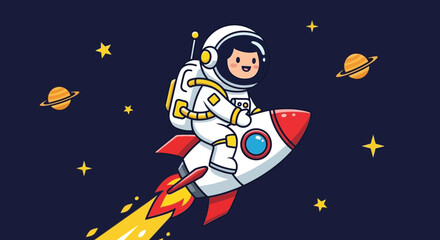 Naklejka premium Astronaut in spacesuit riding rocket through outer space cartoon illustration