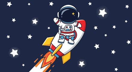 Fototapeta premium Astronaut in spacesuit riding rocket through starry sky illustration