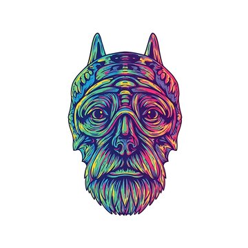 A vibrant, psychedelic illustration of a detailed, bearded face, featuring intricate linework and bright color gradients