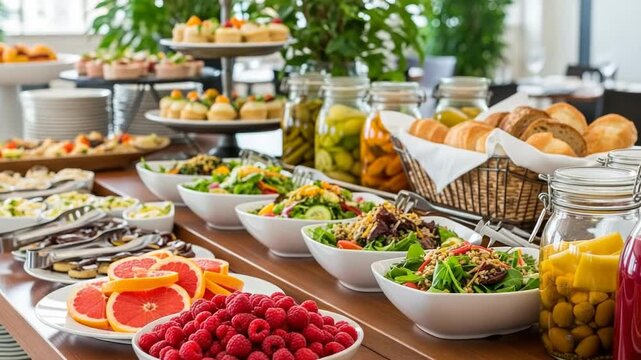 Abundant buffet spread with fresh fruits, salads, bread, and pastries
