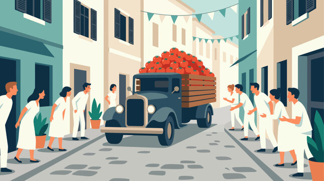 An illustrative flat design depicting the iconic arrival of a truck overflowing with tomatoes, marking the beginning of the La Tomatina festival. This clean 2D vector captures the anticipation