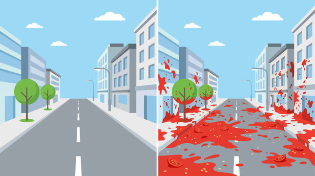 A clever flat design illustration comparing a clean street before and a tomato-covered street after the La Tomatina festival. This minimalist 2D vector visually emphasizes the dramatic transformation 