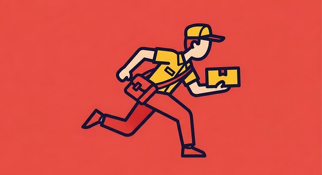 A vectorized cartoon of a courier in action, sprinting with a package and mailbag on a vibrant red backdrop