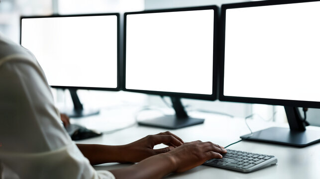 Remote work setup with multiple monitors in a modern office environment for enhanced productivity