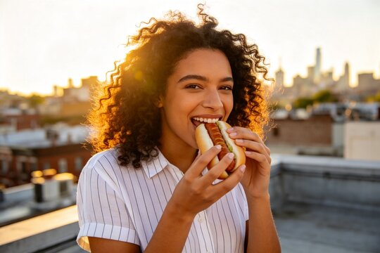 Woman eating hot dog on rooftop