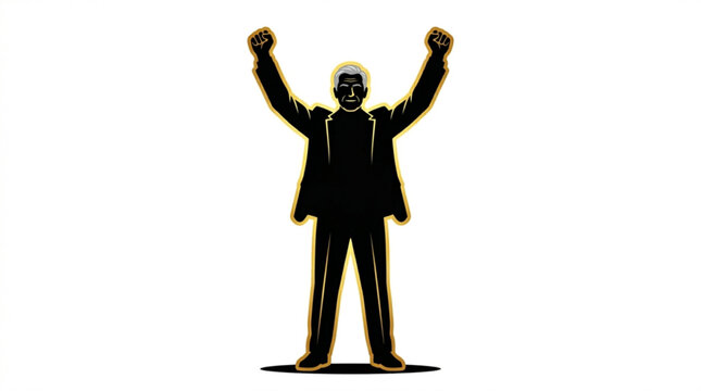Elderly statesman with arms raised in triumph and celebration on white background