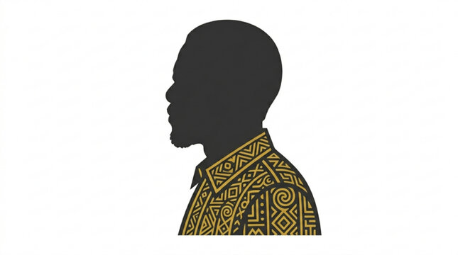 Silhouette of mature man in traditional african attire with gold patterns symbolizing wisdom and cultural heritage
