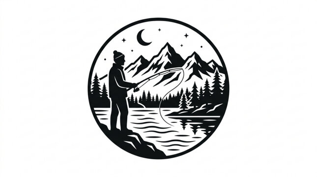 Fisherman silhouette at serene mountain lake under starry night sky with crescent moon