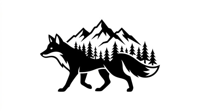 Black silhouette fox walking in front of mountain forest landscape icon