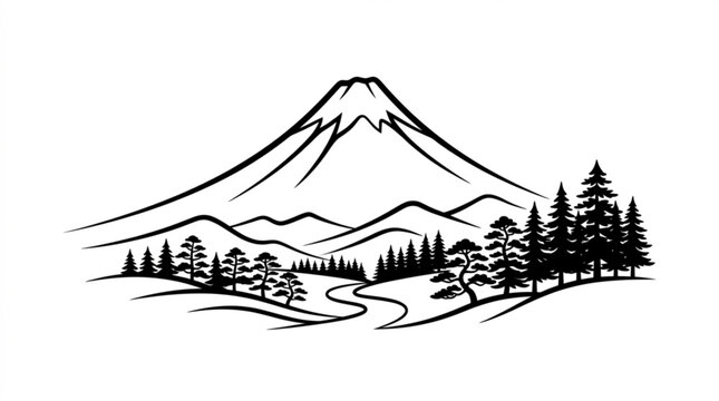 Serene japanese mountain landscape with winding road and pine trees majestic peak rising in background
