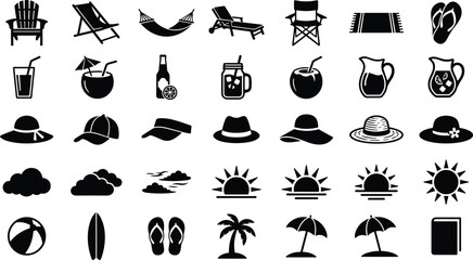 Obraz premium Summer beach vacation icons set including furniture drinks hats sun clouds balls and flip flops set.