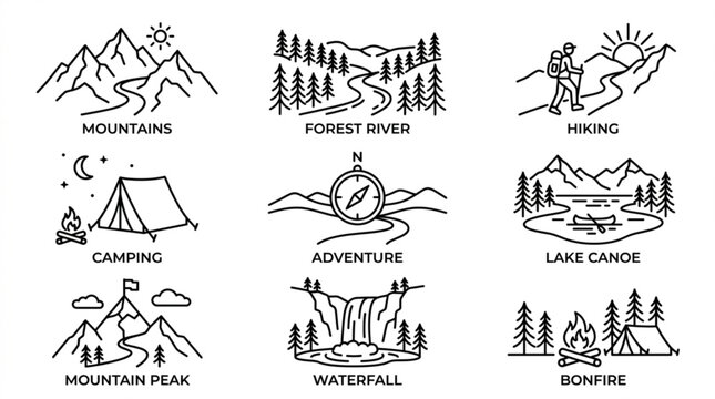 Outdoor adventure icons set mountains hiking camping waterfall forest river lake canoe bonfire mountain peak