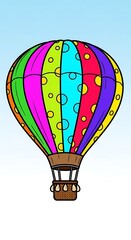Fototapeta premium A vibrant cartoon hot air balloon floats against a gradient blue sky, featuring diverse colors and a patterned design