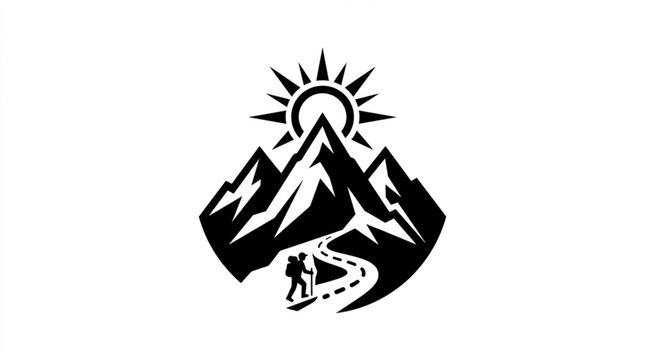 Hikers on mountain peak with sunburst symbol adventure and exploration concept