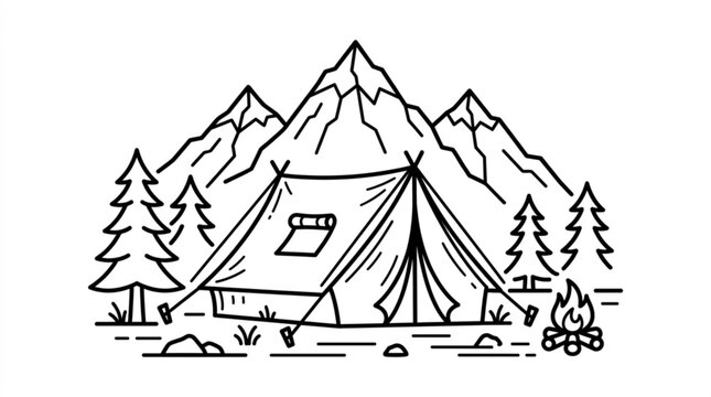 Retro camping tent in mountains with campfire and trees