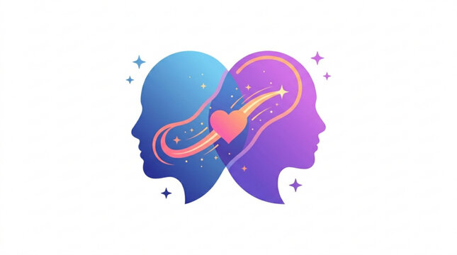 Two human heads with a heart shaped connection symbolizing soulmates and deep emotional bonding